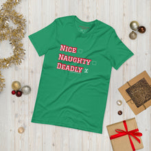 Load image into Gallery viewer, Deadly Holidays - (Short Sleeve Unisex T-Shirt - BlackRed/GreenRed)